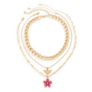 Set: Flower / Angel Pendant / Chunky Alloy Necklace Gold - One Size