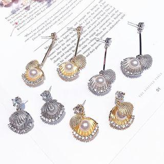 Faux Pearl Rhinestone Scallop Dangle Earring