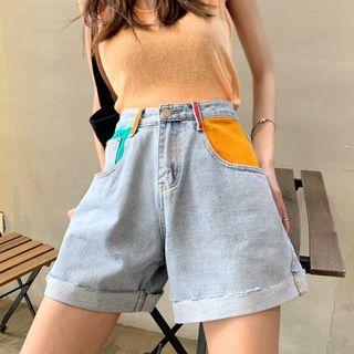 Color Block Wide-leg Denim Shorts