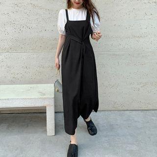 Puff-sleeve Plain Top / Midi A-line Overall Dress