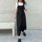Puff-sleeve Plain Top / Midi A-line Overall Dress