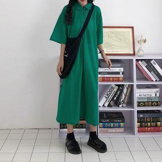 Plain Elbow Sleeve Midi Polo Shirt Dress