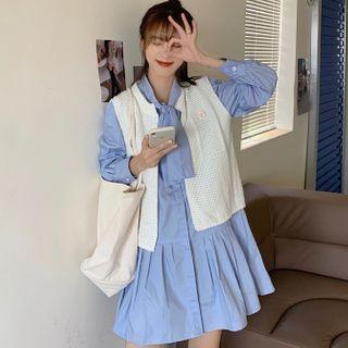 Long-sleeve A-line Mini Shirtdress / Open-front Knit Vest