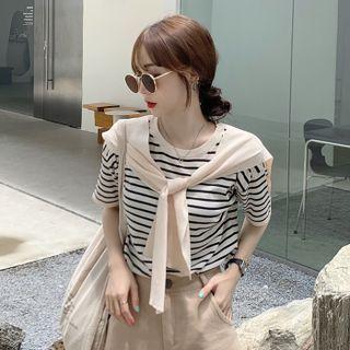 Short-sleeve Mock Two-piece Striped Knit Top