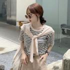Short-sleeve Mock Two-piece Striped Knit Top