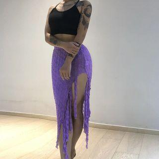 Slit Fringed Midi Pencil Skirt