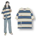 Striped Slit Elbow-sleeve T-shirt Blue - One Size