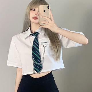 Set: Short-sleeve Crop Shirt + Chained Tie