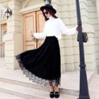 Lace Trim Midi Velvet Skirt