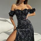 Puff-sleeve Off-shoulder Floral Slit Maxi Sheath Dress