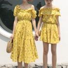 Pineapple Print Short-sleeve Off-shoulder Playsuit / Midi Dress