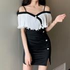 Elbow-sleeve Cold-shoulder Two-tone Mini Sheath Dress