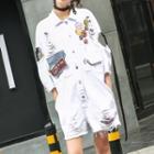 3/4-sleeve Embellished Wide-leg Denim Playsuit White - One Size