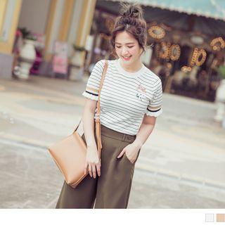 Frilled Trim Embroidered Stripe Knit Top