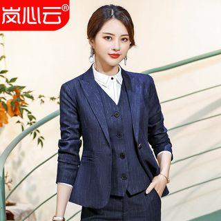 Pinstripe Peak Lapel Blazer/ Slim-fit Dress Pants/ Mini Pencil Skirt/ Shirt/ Buttoned Vest/ Set