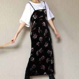 Floral Spaghetti-strap Midi Velvet Dress Black - One Size