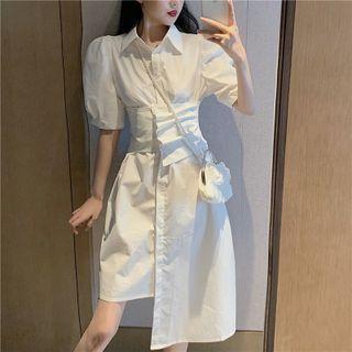 Puff-sleeve Asymmetric Plain Midi Dress