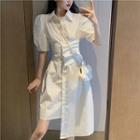 Puff-sleeve Asymmetric Plain Midi Dress