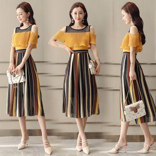 Cold Shoulder Mesh Panel Ruffled Striped Midi Dress