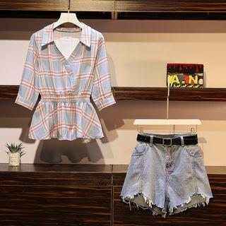 Set: Plaid Elbow-sleeve Blouse + Irregular Hem Denim Shorts