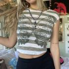 Short-sleeve Butterfly Print Striped Cropped T-shirt