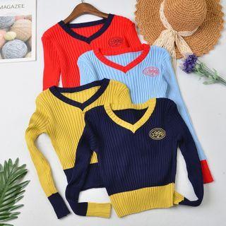 Number Embroidered Contrast Trim Sweater