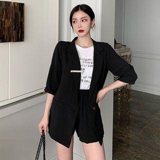 Set: Single-breasted Cuff-sleeve Jacket + Band-waist Shorts Black - One Size