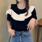 Off-shoulder Asymmetrical Color Panel Short-sleeve Top Black - One Size