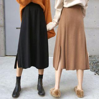 Surplice-wrap Slit Midi Knit Skirt