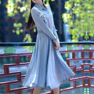 Long-sleeve Embroidered A-line Midi Dress