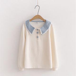 Lace Trim Collared Button Corduroy Top