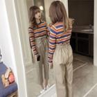 Set: Striped Knit Top + High-waist Straight Leg Pants