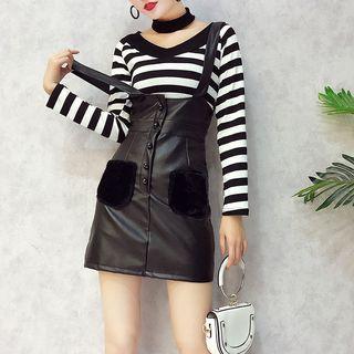 Set: Striped Choker Knit Top + Faux Leather Pinafore Dress