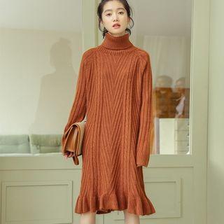 Frilled Hem Turtleneck Cable Knit Dress