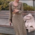 Long-sleeve Collared Patterned Knit Midi A-line Dress
