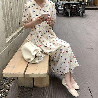 Short-sleeve Floral Midi A-line Dress Almond - One Size