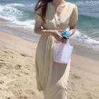 V-neck Tie-back Short-sleeve Midi Dress Light Yellow - One Size