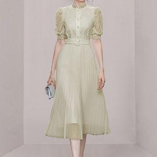 Short-sleeve Lace Belted Midi A-line Dress