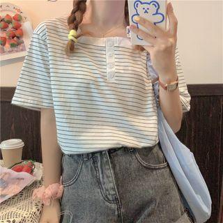 Short-sleeve Half Button Striped T-shirt