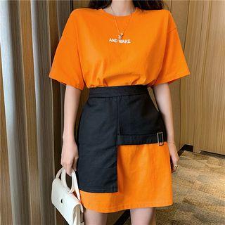 Set: Lettering Short-sleeve T-shirt Dress + Irregular Mini A-line Skirt