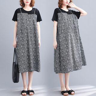 Short-sleeve Mock Two-piece Floral Print Dress Black - One Size