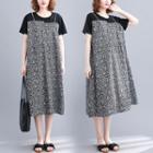 Short-sleeve Mock Two-piece Floral Print Dress Black - One Size