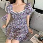 Puff-sleeve Tie-neck Floral Printed Dress Purple - One Size