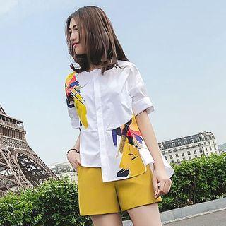 Set: Elbow-sleeve Printed Shirt + Shorts