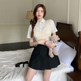 Short Sleeve Shirt With Necktie / Ruffle Trim Lace Tank Top / High Waist Pleated Skirt