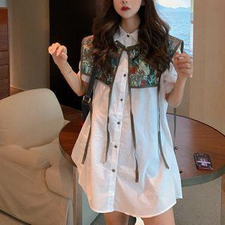 Short-sleeve Mini Shirtdress With Embroidered Shawl