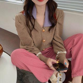 Collared Color Block Plain Cardigan