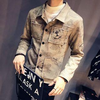 Dog Print Faux Suede Snap Button Jacket