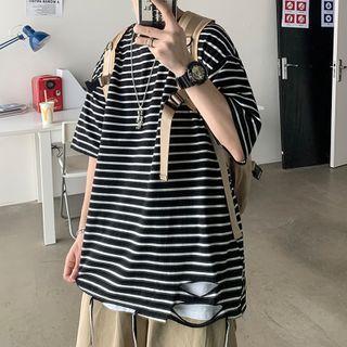 Striped Elbow-sleeve Distressed T-shirt