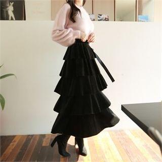 Tie-waist Tiered Velvet Skirt
